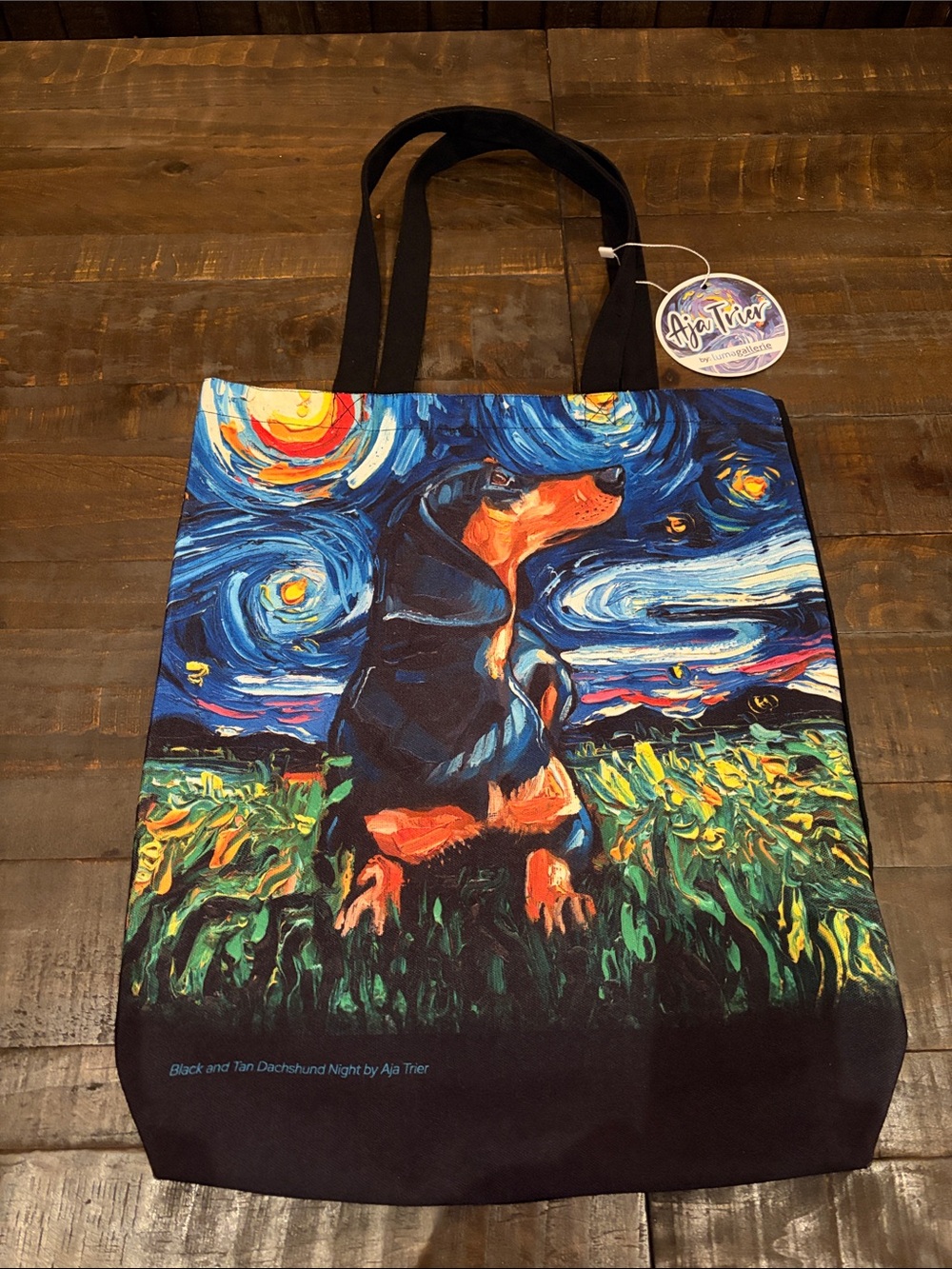 Aja Trier "Black and Tan Dachshund Night" Van Gogh Style Canvas Tote Bag NWT